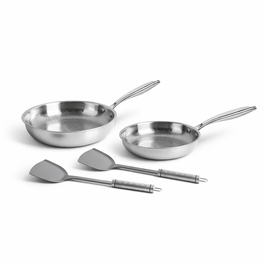 Koekenpannenset Titanium Gehamerd - 4 delig met Keukengerei | BPA - PFAS Vrij