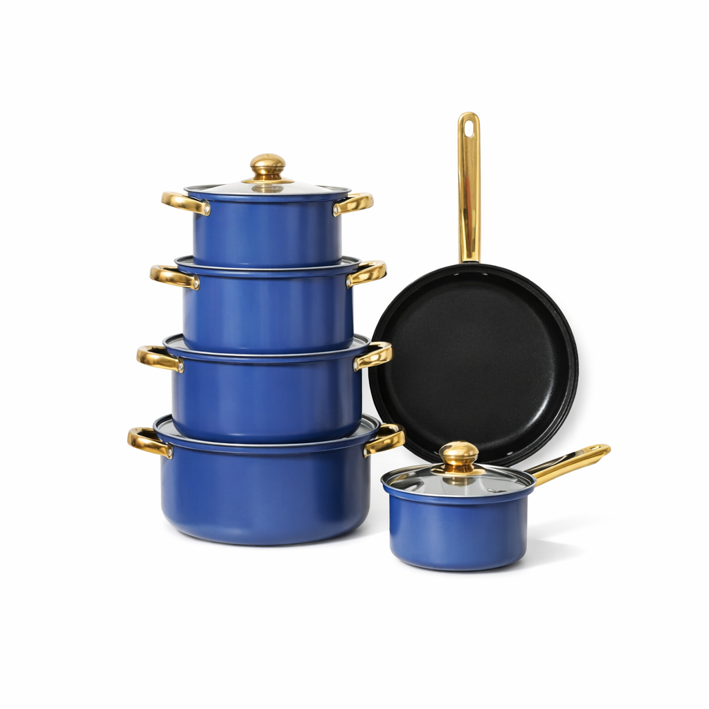 12-delige Pannenset Blauw Roestvrij Staal Met Gouden Handgrepen